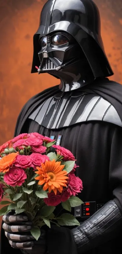 Darth Vader holding a vibrant flower bouquet against an orange backdrop.