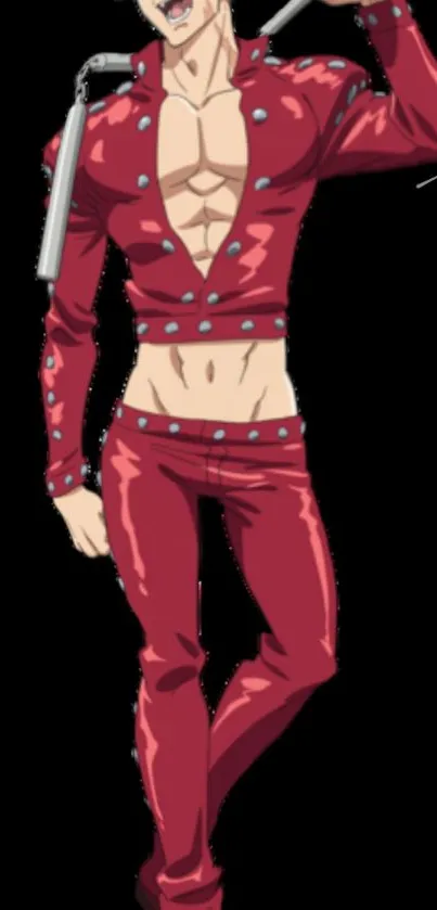 Anime character with bold red attire holding a nunchuck.