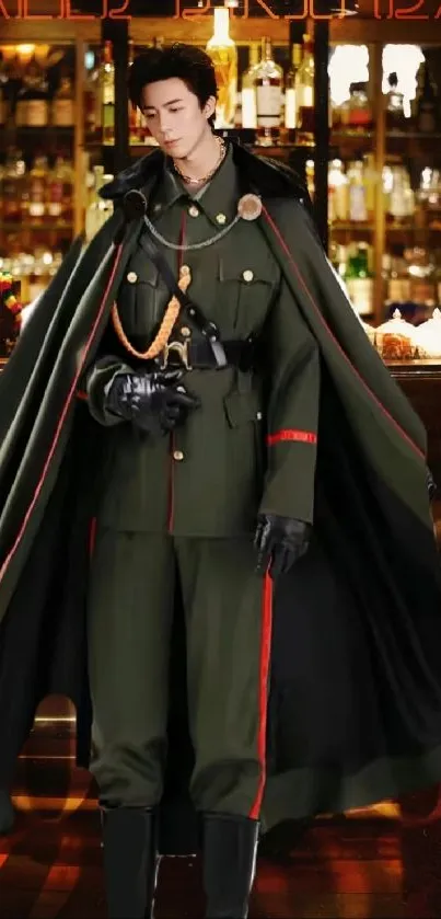 Soldier in green coat stands confidently in a luxurious bar setting wallpaper.