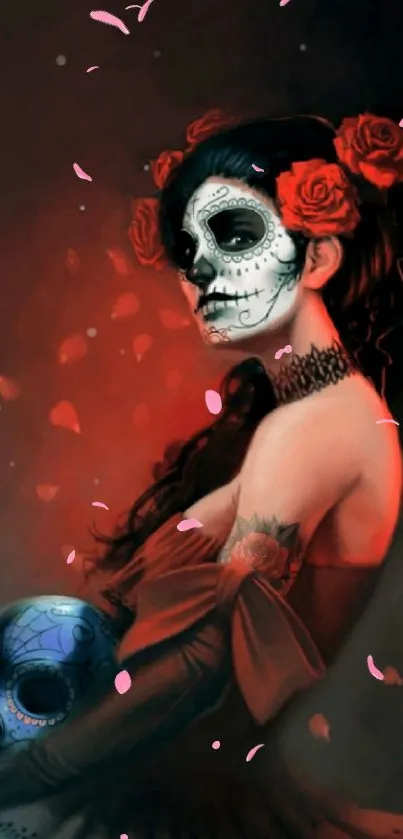 A woman with Day of the Dead makeup holding a skull.