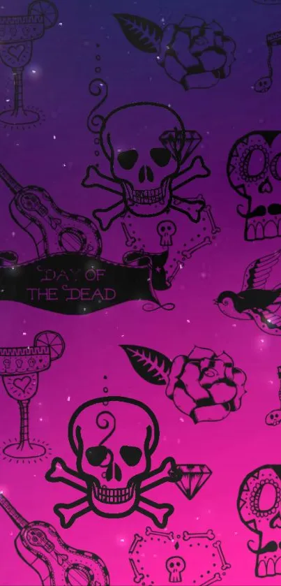 Day of the Dead wallpaper with skulls and guitars on a purple background.