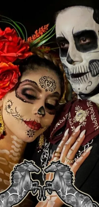 Day of the Dead theme with face paint and red roses.