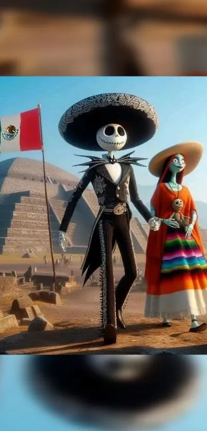 Colorful Day of the Dead cartoon art with Mexican flag.