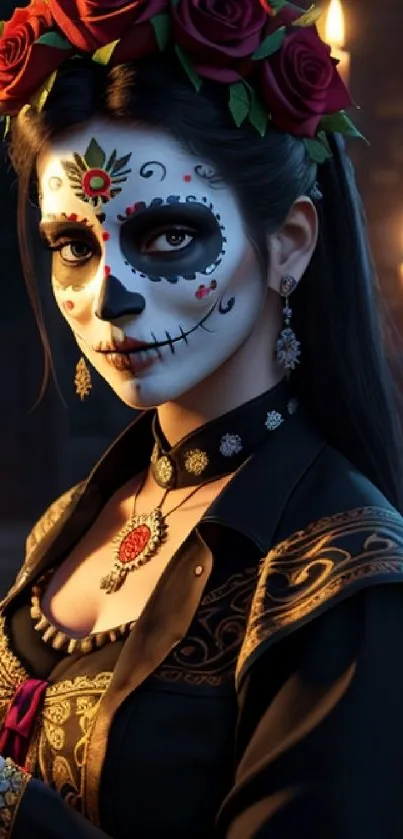 Woman in Day of the Dead attire holding a candle.