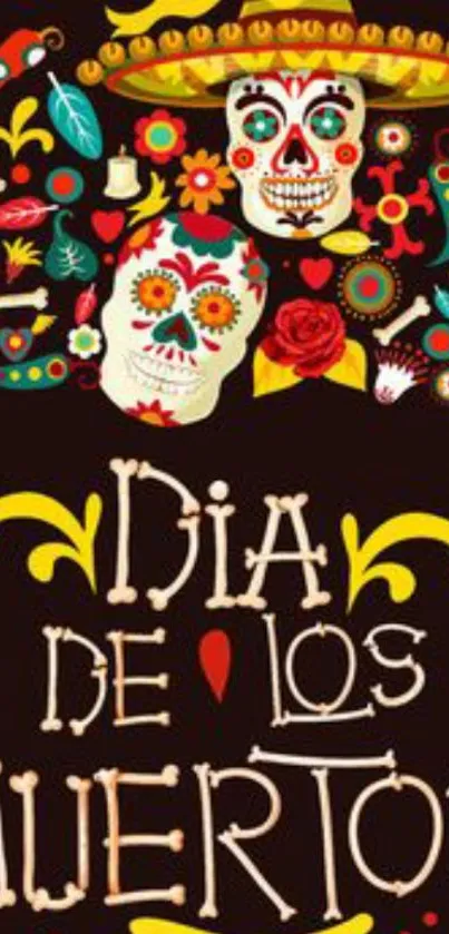 Dia de los Muertos festive skulls and motifs wallpaper.