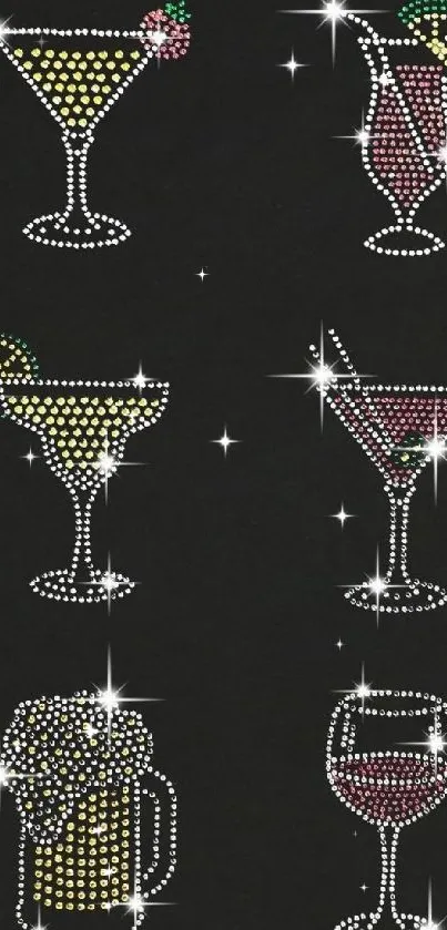 Rhinestone cocktails on black wallpaper, perfect for a stylish phone background.