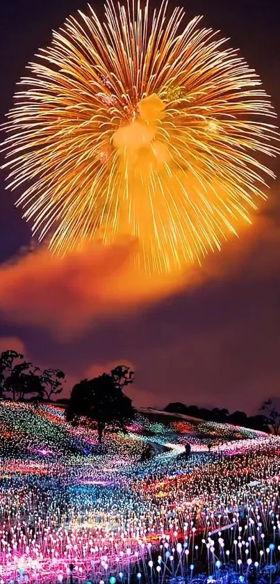 Fireworks burst over colorful, illuminated hills at night.