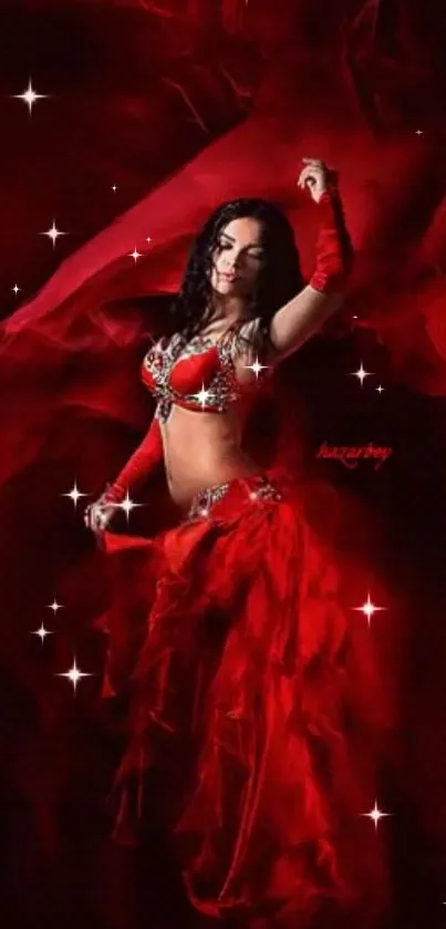 Elegant dancer in a dazzling red costume with starry background.