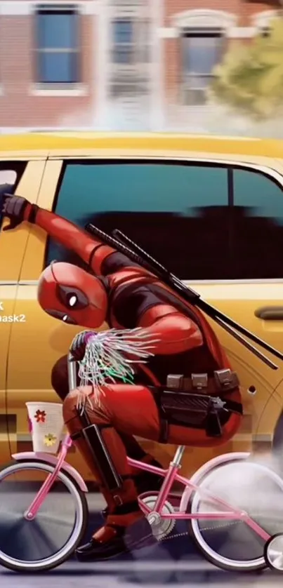 Deadpool on a tiny bicycle with a yellow car.