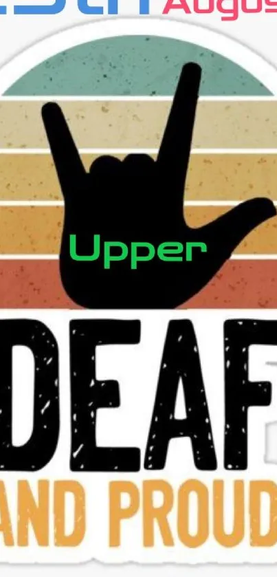 Deaf and Proud wallpaper with hand sign and retro stripes.