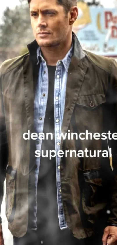 Dean Winchester outdoors in winter outfit.