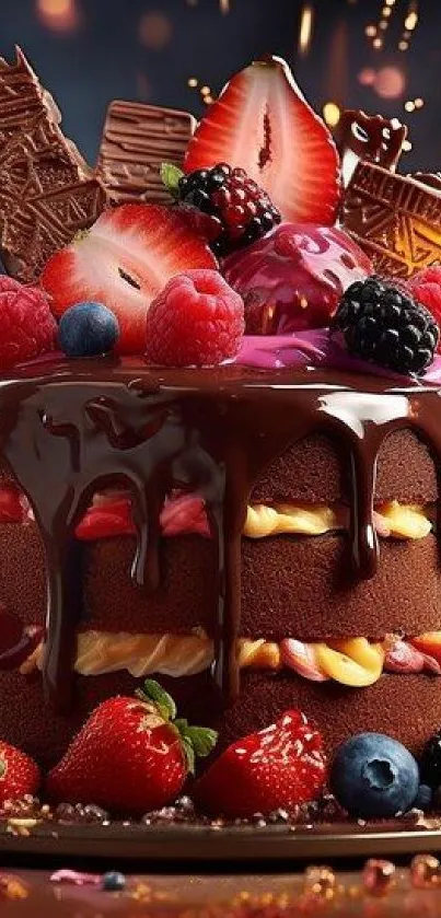 Decadent chocolate cake with fresh berries.