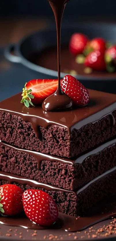 Close-up of a decadent chocolate cake with strawberries on top.