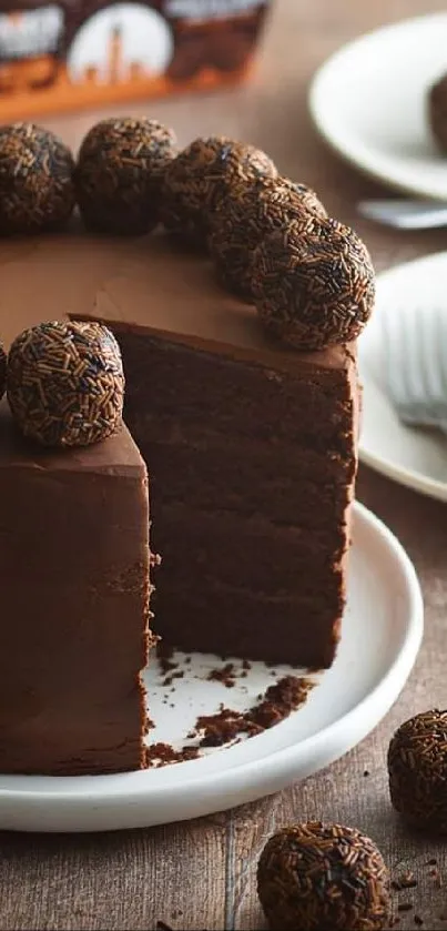 A lavish chocolate cake with truffles on top.