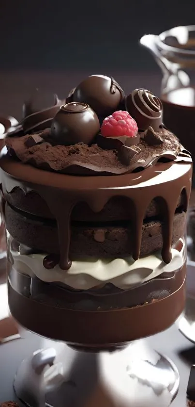 A lavish chocolate cake with decorations, ideal as a mobile wallpaper.