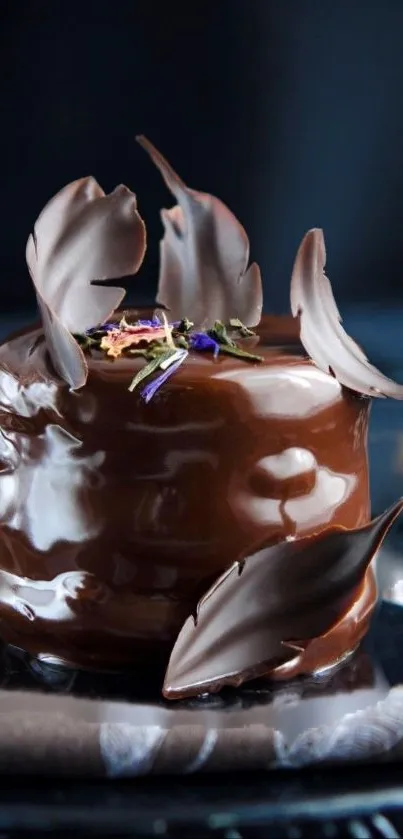 Decadent chocolate cake with artistic chocolate decoration on a dark background.