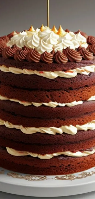 Tall layered chocolate cake with rich frosting design.