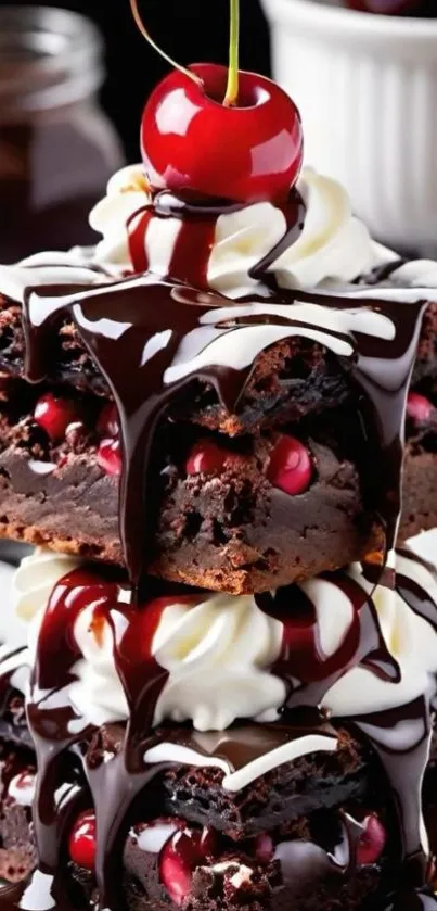 Chocolate brownies with cherries and cream.