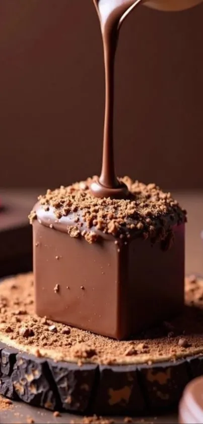 Chocolate cube with dripping sauce on a wooden base.