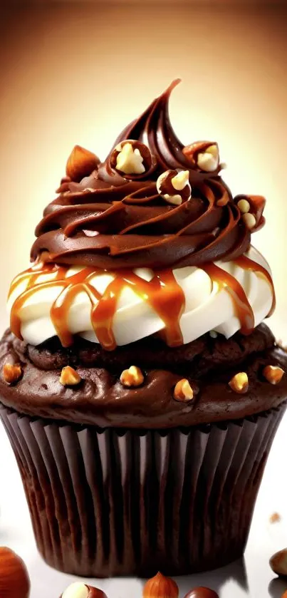 Chocolate cupcake with caramel drizzle and hazelnuts mobile wallpaper.