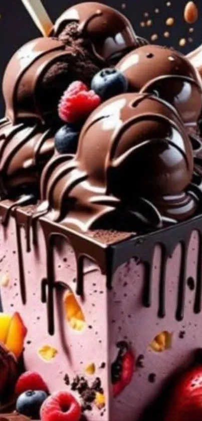 Decadent chocolate dessert with fruit accents creating an artistic design.