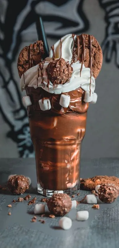 Chocolate dessert drink with cookies and whipped cream.