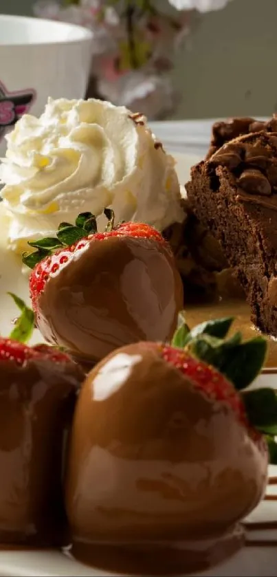 Chocolate-dipped strawberries with cream and brownie on a plate.