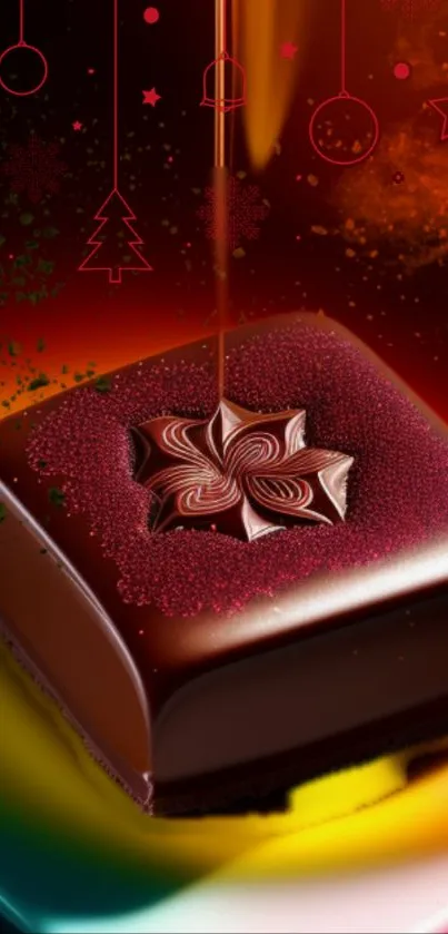 Chocolate dessert with holiday design and vibrant colors.