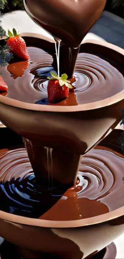 Luxurious chocolate fountain with strawberries.