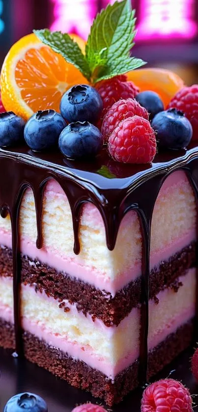 Layered chocolate cake with fresh fruits on top, perfect for dessert lovers.