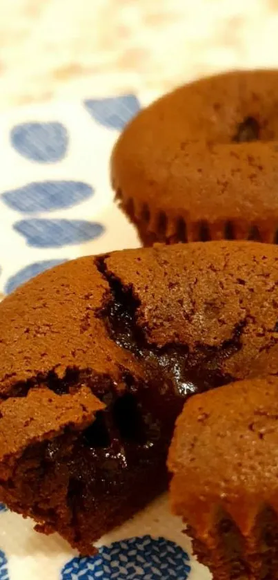 Chocolate lava cake with molten center on white and blue cloth.