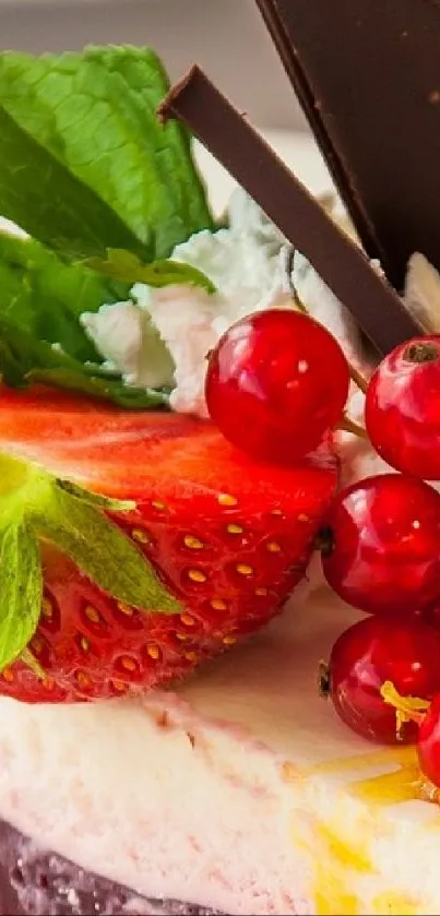 Vibrant dessert with strawberries, currants, mint, and chocolate.