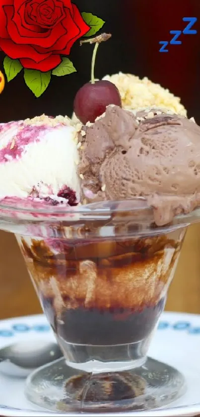 Indulgent ice cream sundae with vibrant toppings.