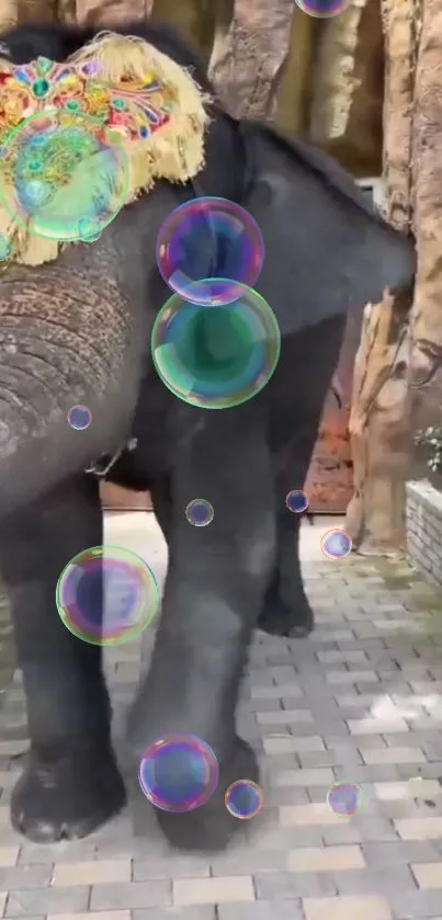 Elephant with a colorful headpiece and bubbles in a natural setting.