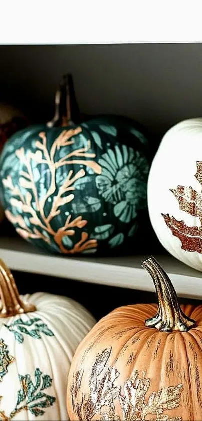 Beautifully decorated autumn pumpkins on a shelf.