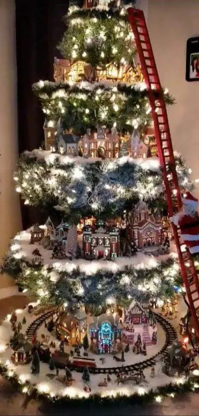 Christmas tree with mini village and lights.