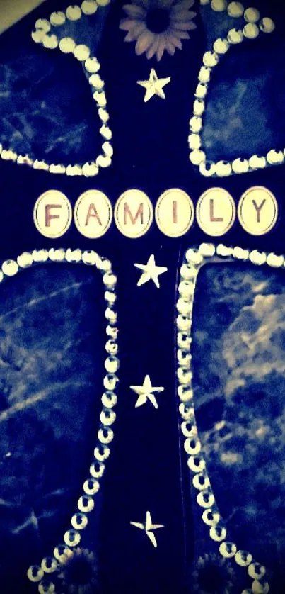 Decorative cross with family text on a dark blue background.