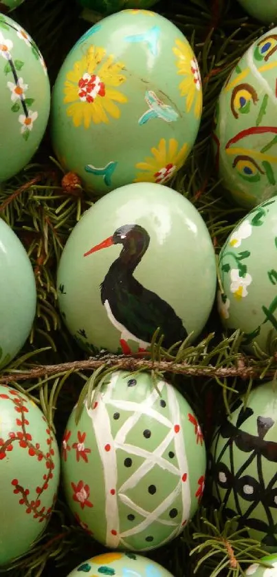 Intricate Easter eggs on green foliage.