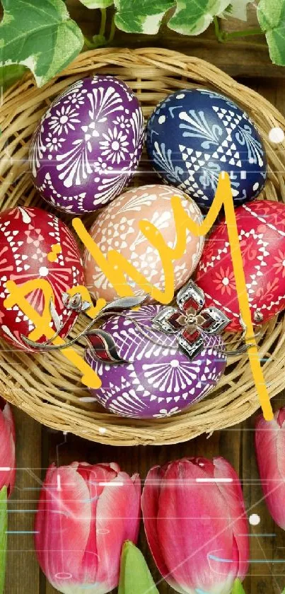 Basket of colorful Easter eggs with tulips on a wooden surface.