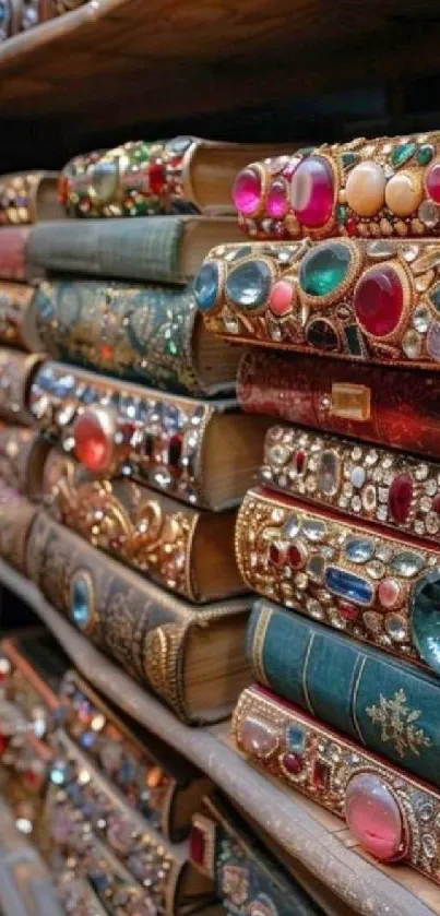 Gem-encrusted books in a vintage collection display.