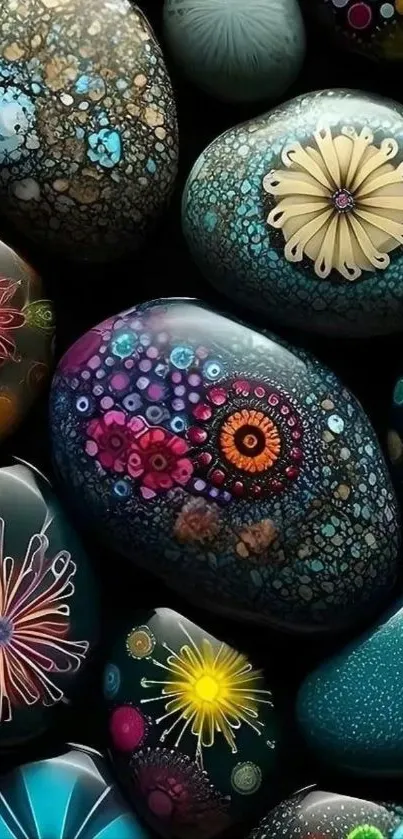 Colorful decorative stones with intricate patterns.