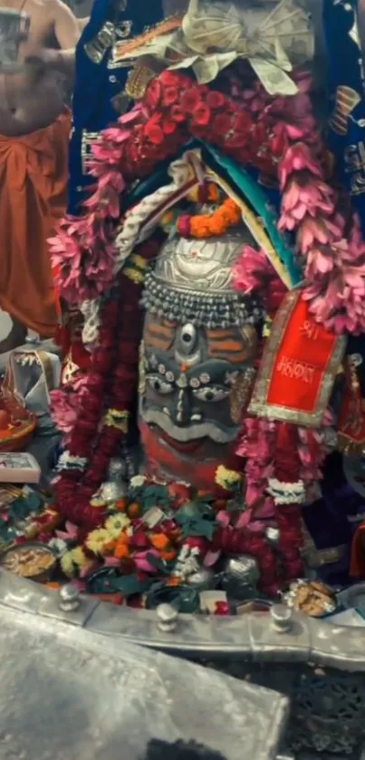 Decorative temple deity with flowers and offerings.