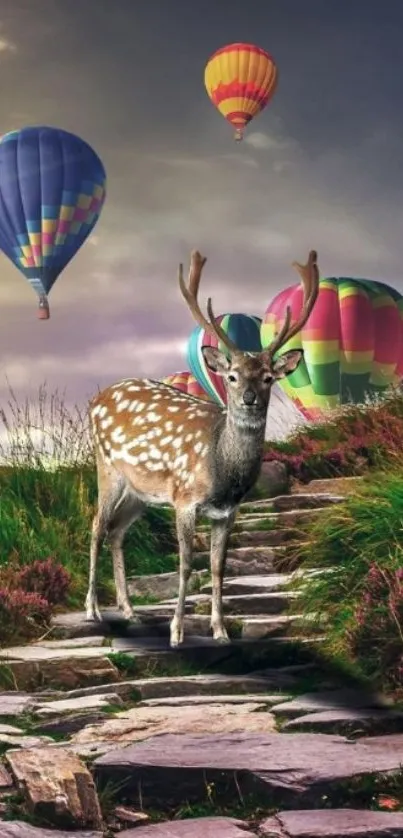 Deer standing on a path with hot air balloons in the sky.