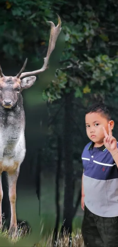 Young boy and deer in a tranquil forest setting for phone wallpaper.