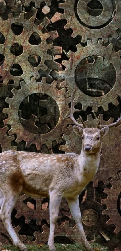 Mobile wallpaper featuring a deer with a backdrop of intricate gears.