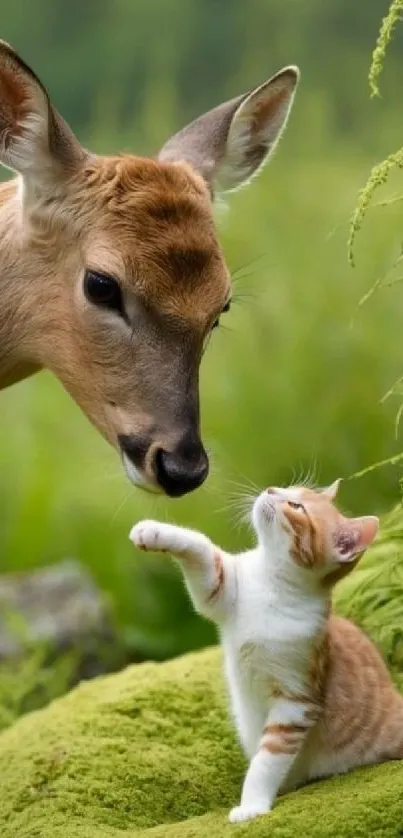 A curious kitten and a gentle deer nose-to-nose in a vibrant green setting.