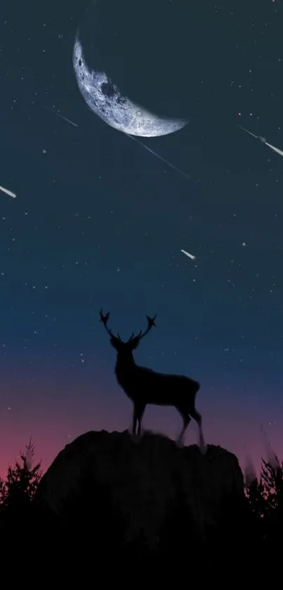 Silhouette of a deer against a starry, moonlit, night sky with shooting stars.