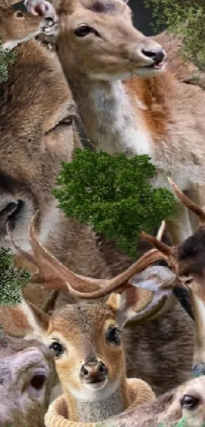 Collage of deer with lush green foliage mobile wallpaper.