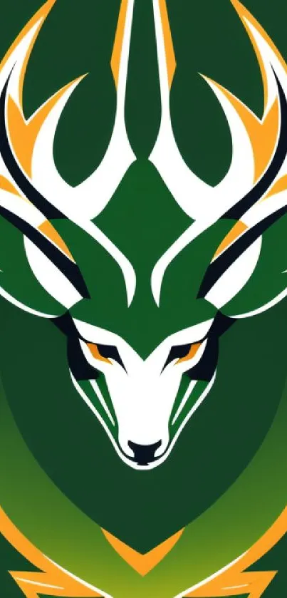 Artistic deer emblem with green, white, and orange color theme.