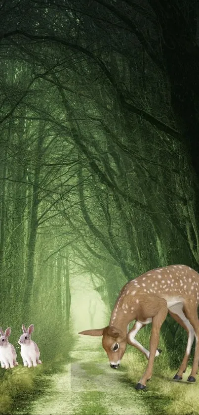 Deer and rabbits on a forest path in a green woodland.